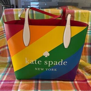 Kate Spade Rainbow & Red Reversible Lg Leather Shoulder Bag w White & Red Straps